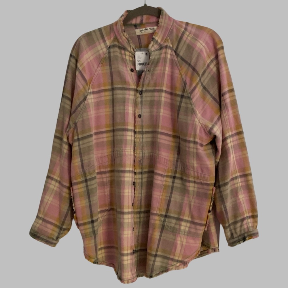We The Free Flannel Pink Plaid Button Up Long Sleeve  Boho